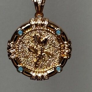 plant pendant coin necklace/ gold tone/ 4 tiny blue beads